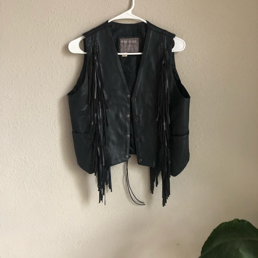 Black leather fringe vest
